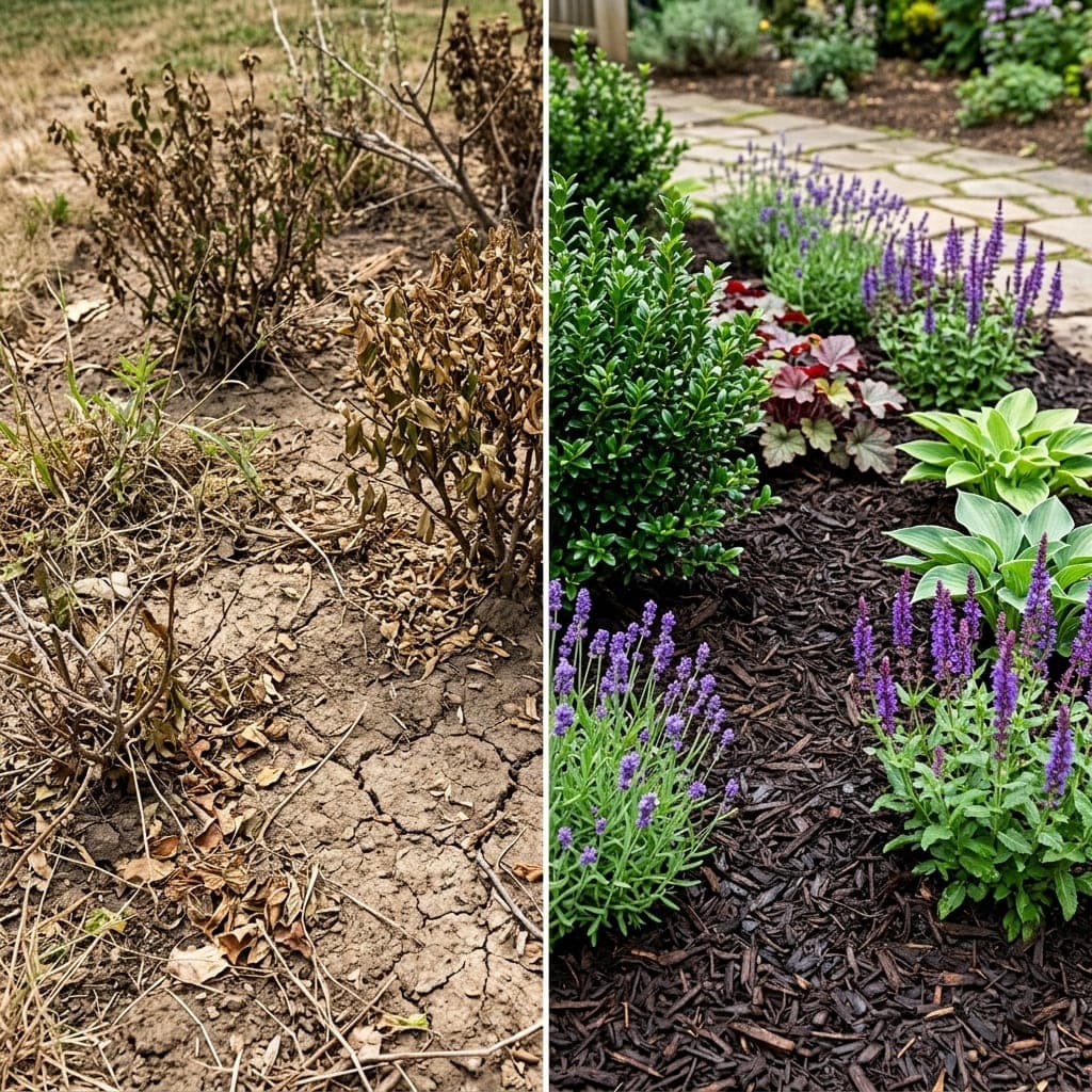 Representative North Bay landscape concept: split view of dead cracked-soil bed beside mulched bed with lavender, salvia, and hostas.
