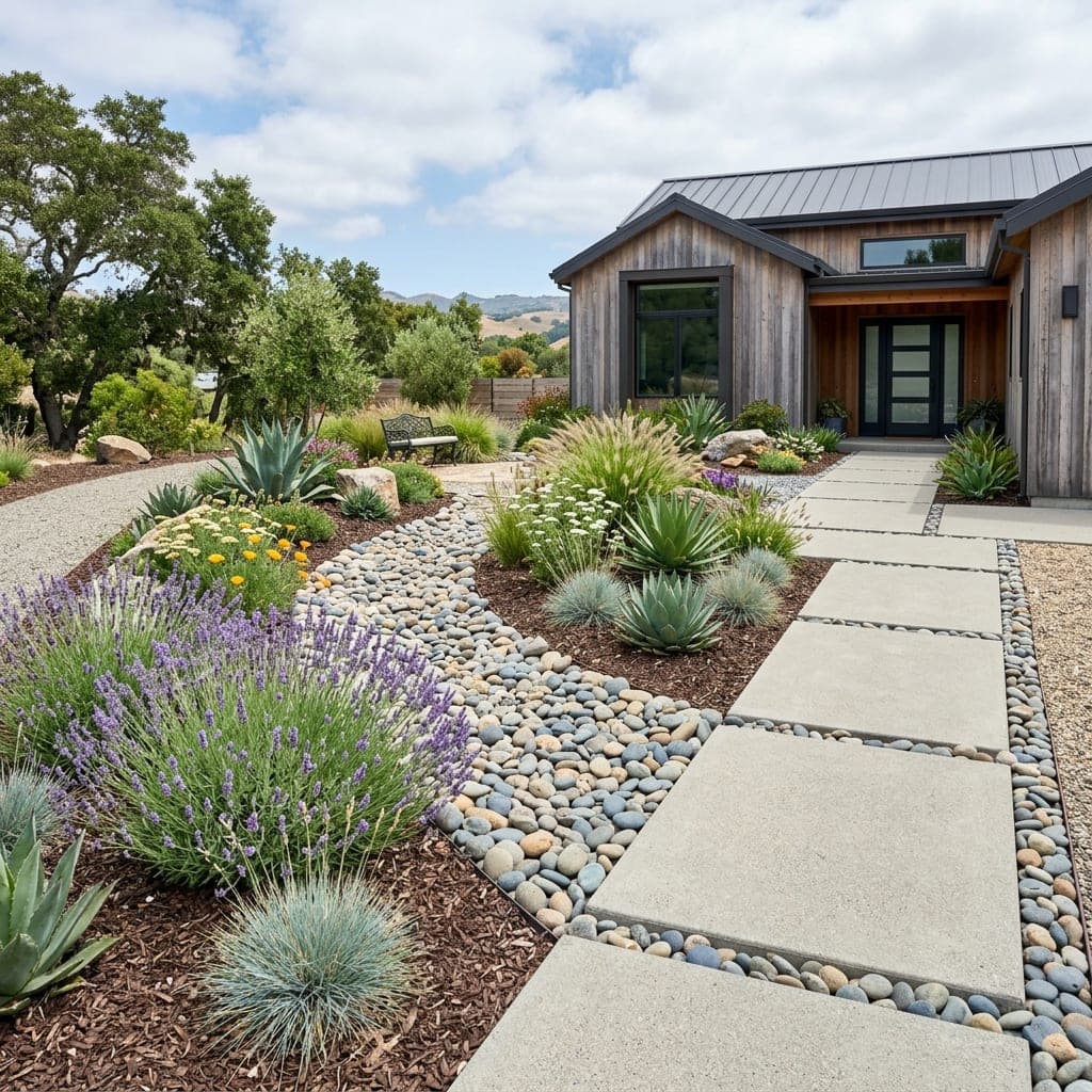 Front yard with river rock dry creek, paver walkway, lavender, agave, and mulched beds.