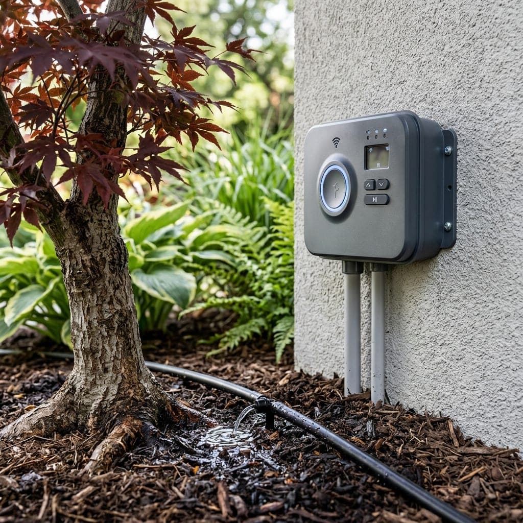 Wall-mounted smart irrigation controller with drip line watering a maple in mulched bed.
