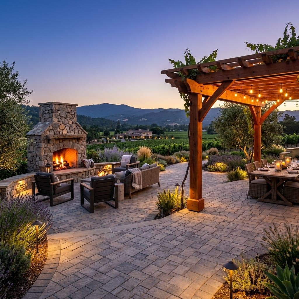 Evening paver patio with stone fireplace, lit pergola dining area, and lavender plantings.