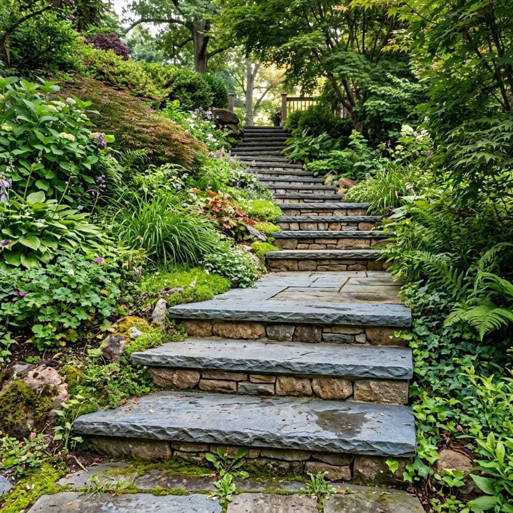 Natural stone steps climbing a hillside garden with dense plantings on both sides.