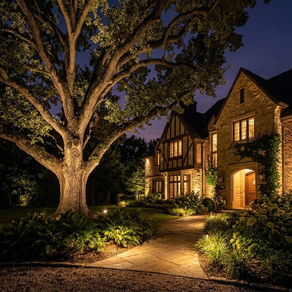 Nighttime landscape lighting on large tree, stone walkway, and planting beds by house.