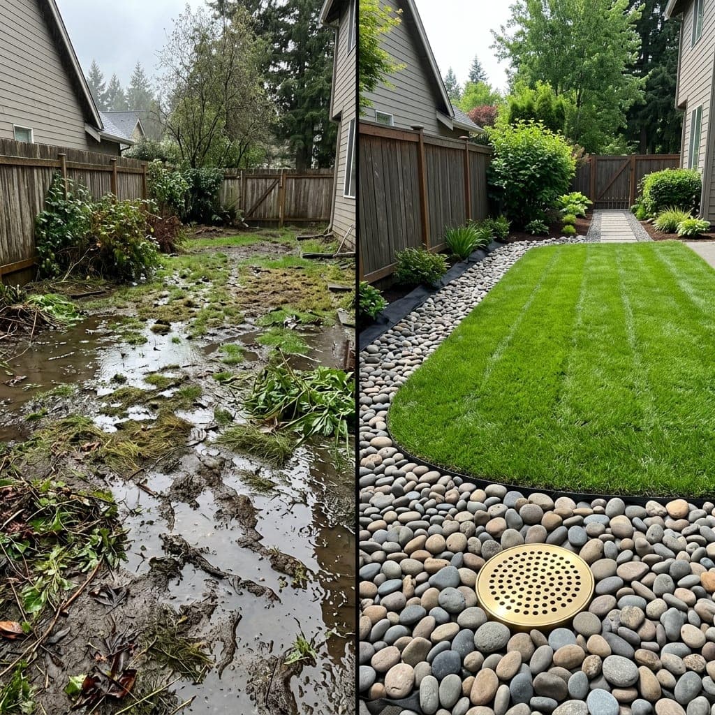 Representative North Bay landscape concept: split view of muddy flooded yard and new rock drainage border with fresh lawn.