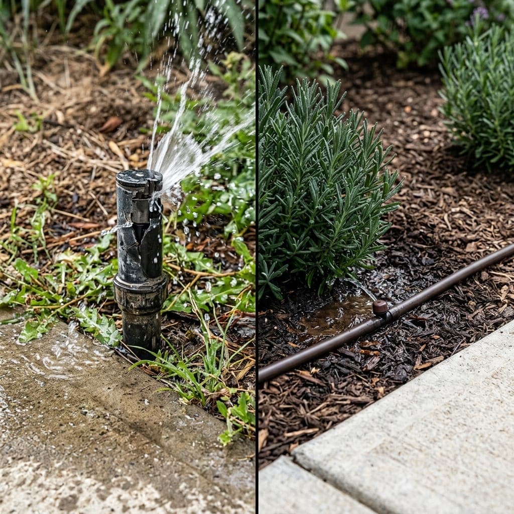 Split view of broken spraying sprinkler head and new drip line in mulched bed.