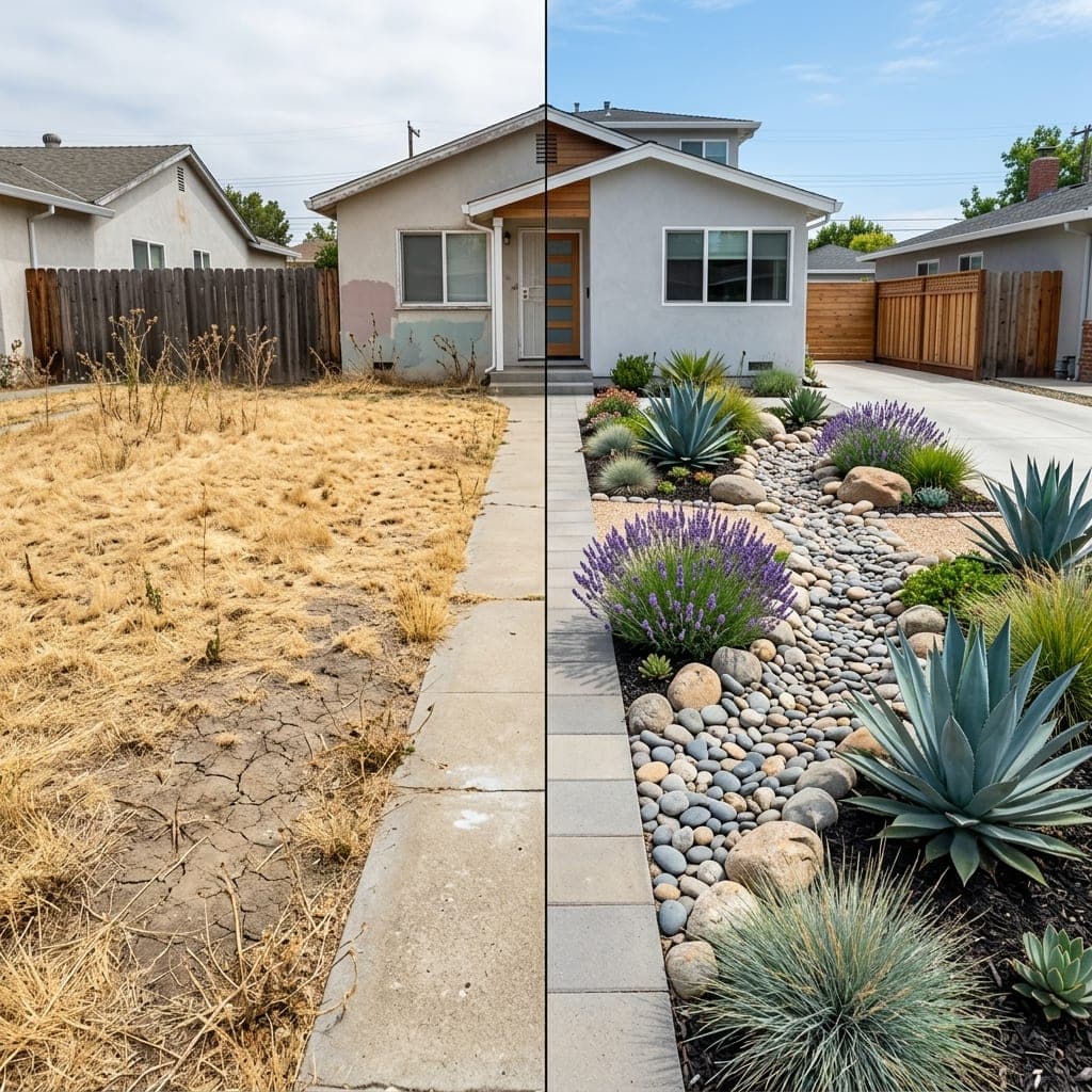 Representative North Bay landscape concept: split view of dead dry front lawn and drought-tolerant yard with agaves and rock.