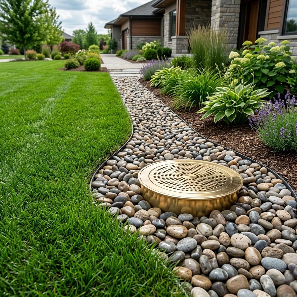 Representative North Bay landscape concept: round brass drain grate set in river rock strip between lawn and planting bed.