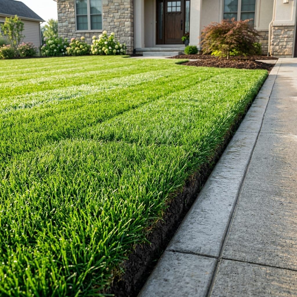 Close view of thick green lawn edged along a concrete driveway and mulched beds.