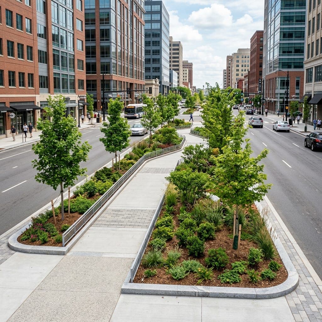 New street median planters with young trees and shrubs along a city sidewalk.