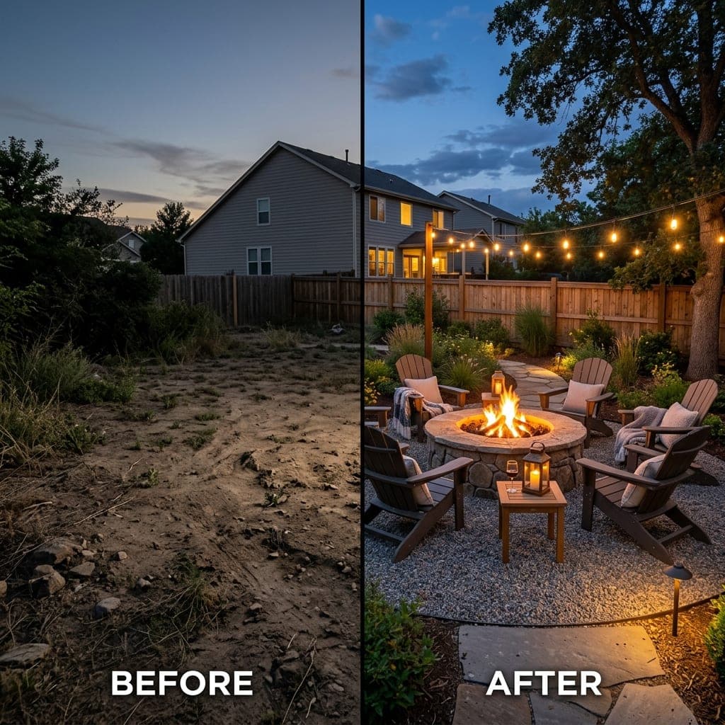Representative North Bay landscape concept: split view of bare dirt backyard and finished fire pit seating area with string lights.