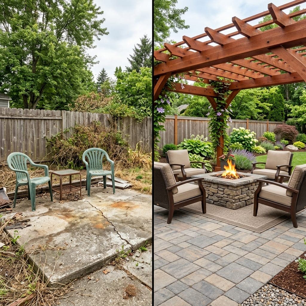 Representative North Bay landscape concept: split view of cracked concrete slab yard and finished pergola, fire pit, paver patio.