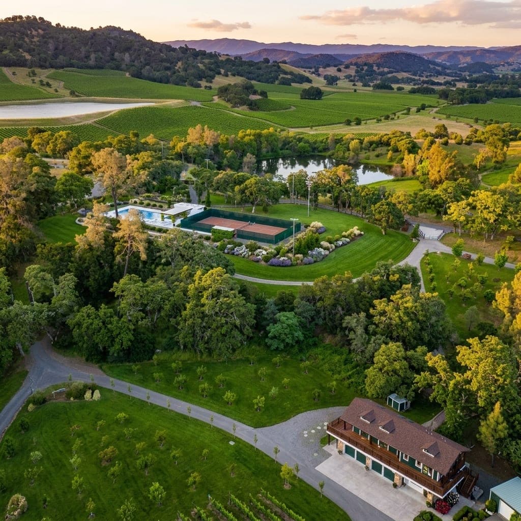Aerial view of estate grounds with lawns, pool, tennis court, ponds, and orchard rows.