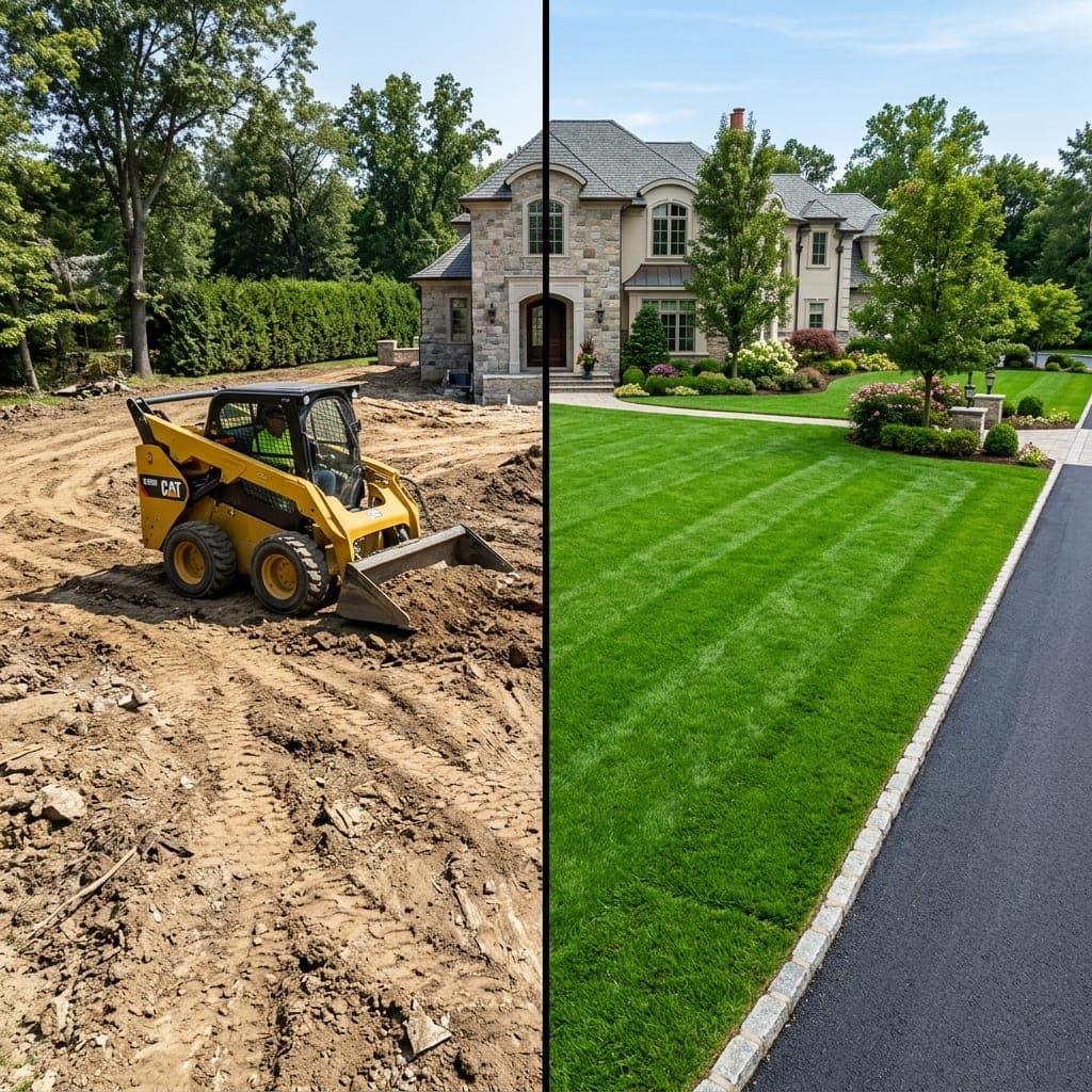 Split view of skid steer grading bare soil and finished striped lawn with driveway.