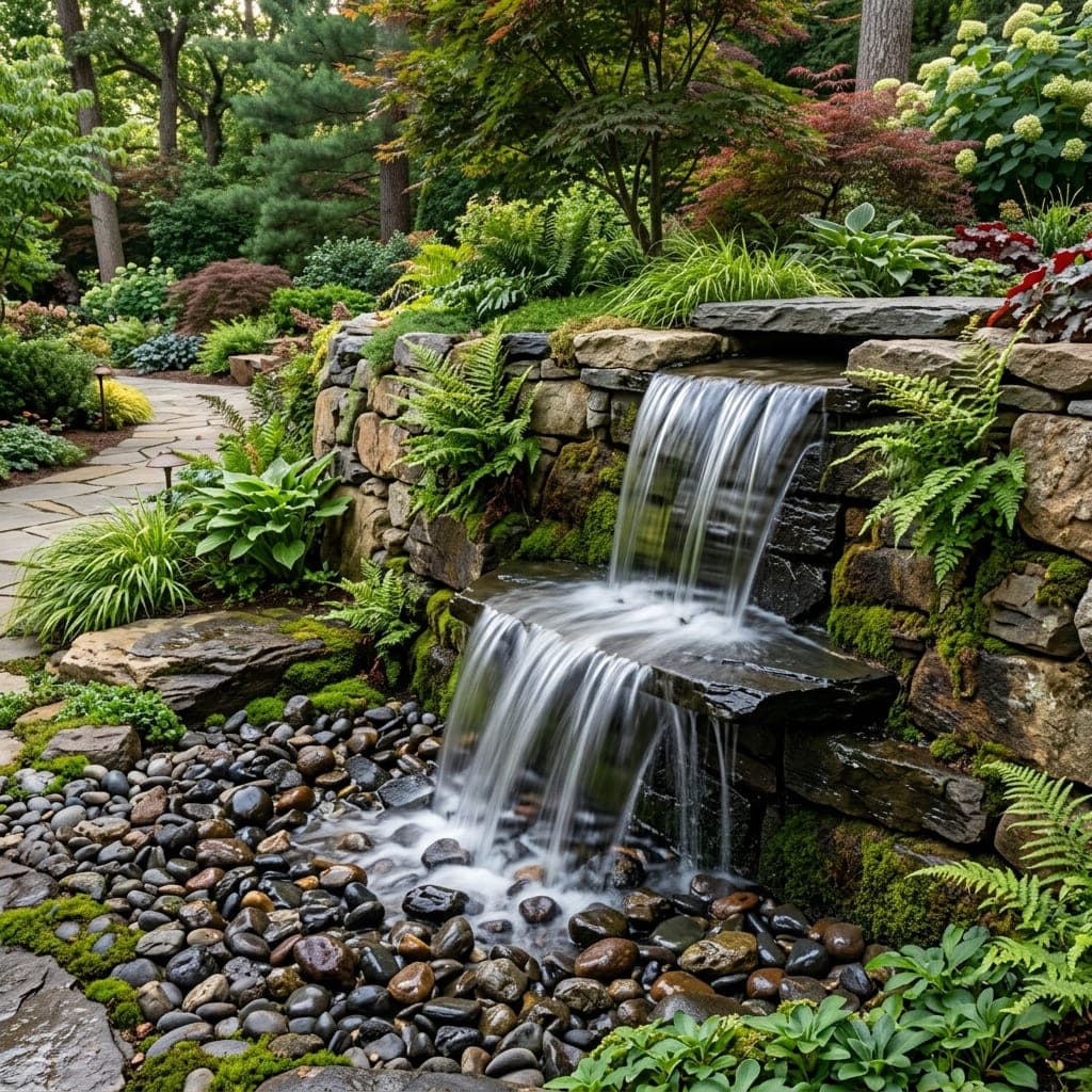 Tiered waterfall spilling over a stone wall into a pebble basin with ferns.