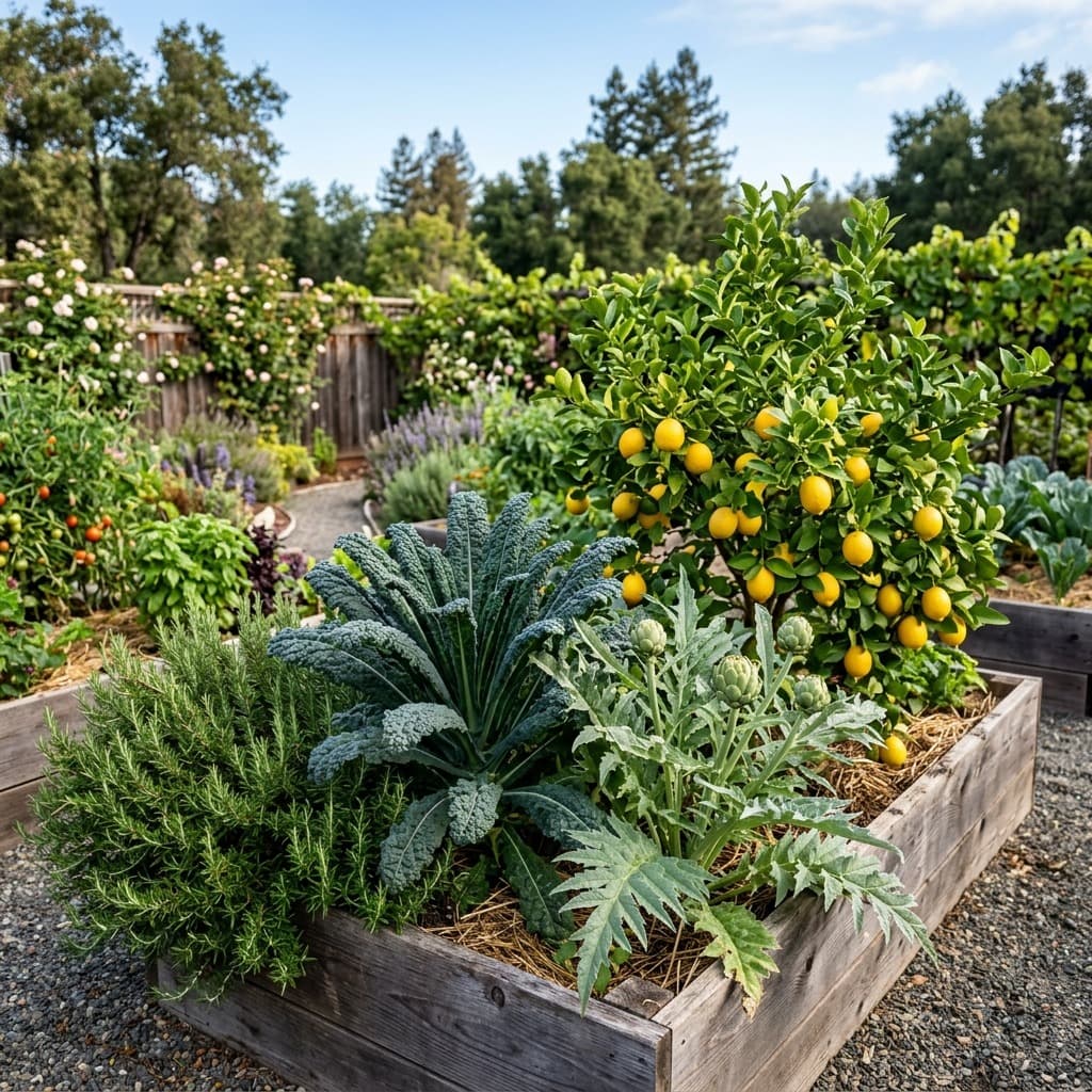 Raised kitchen-garden beds with citrus, herbs, and climbing roses in a fenced North Bay garden.
