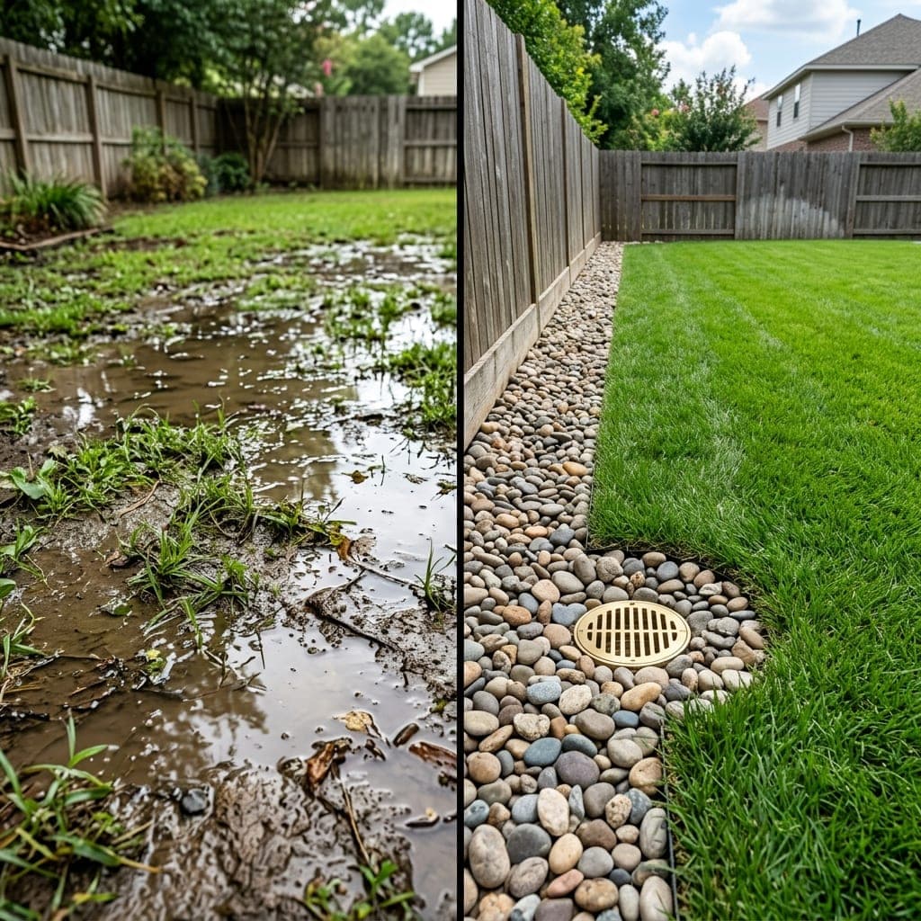 Representative North Bay landscape concept: split view of flooded muddy yard beside regraded lawn with gravel strip and drain.