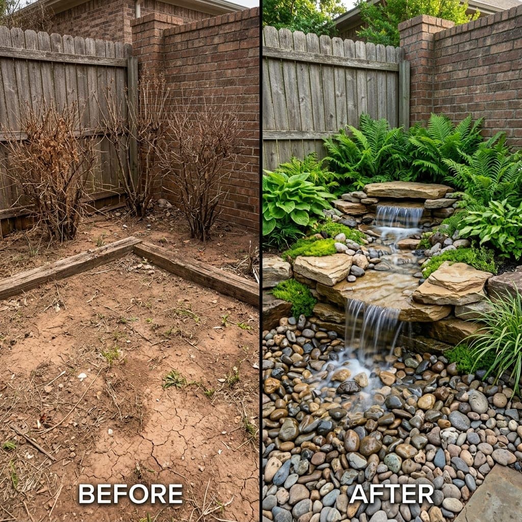 Before and after of bare dirt corner rebuilt as stone waterfall with ferns.