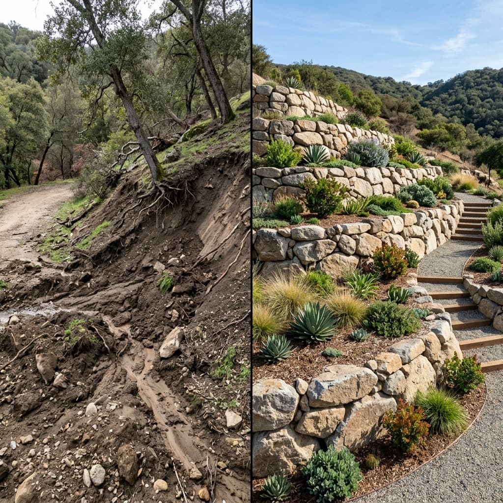 Split view of eroded muddy slope and terraced stone walls with succulents and steps.