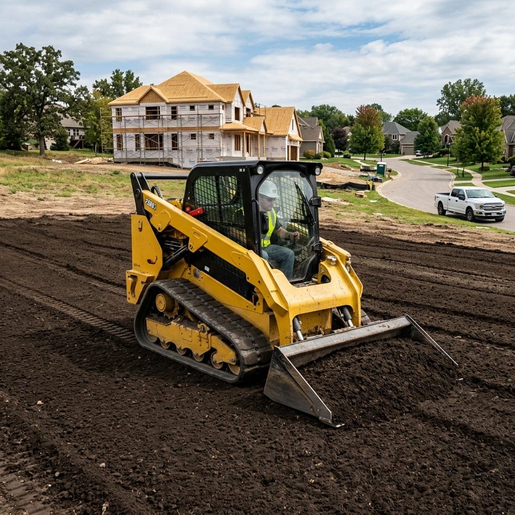 Compact track loader grading dark topsoil beside homes under construction.