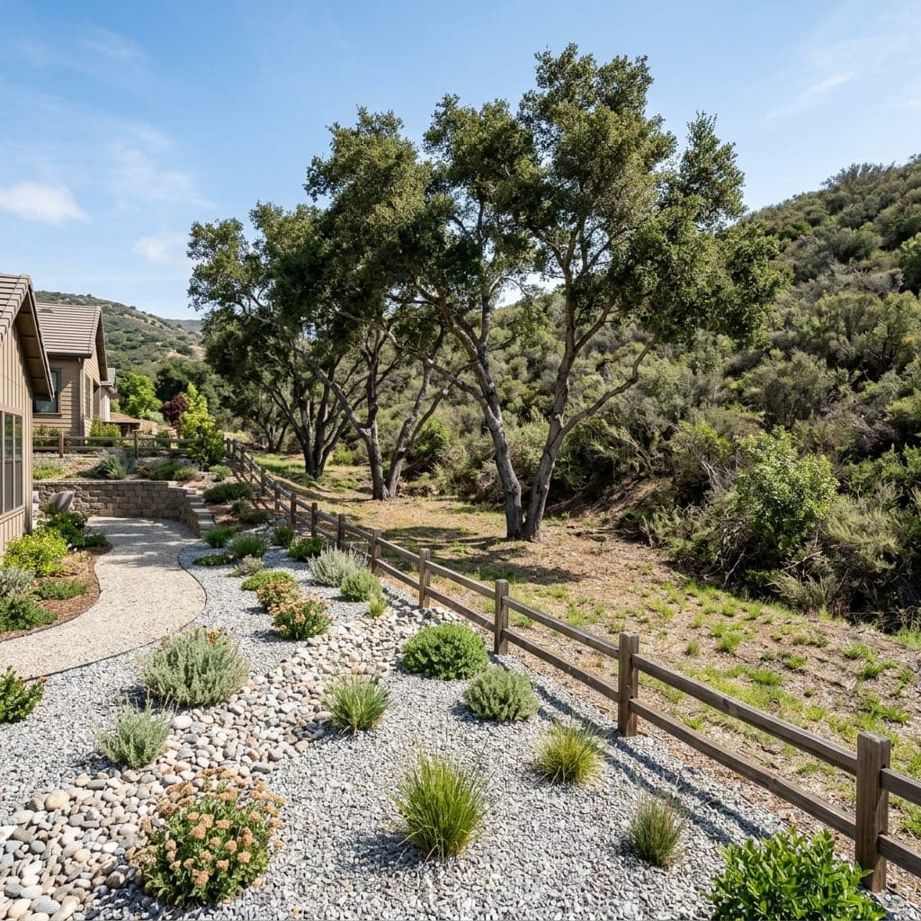 Gravel garden with drought tolerant plants, curved path, and split rail fence.