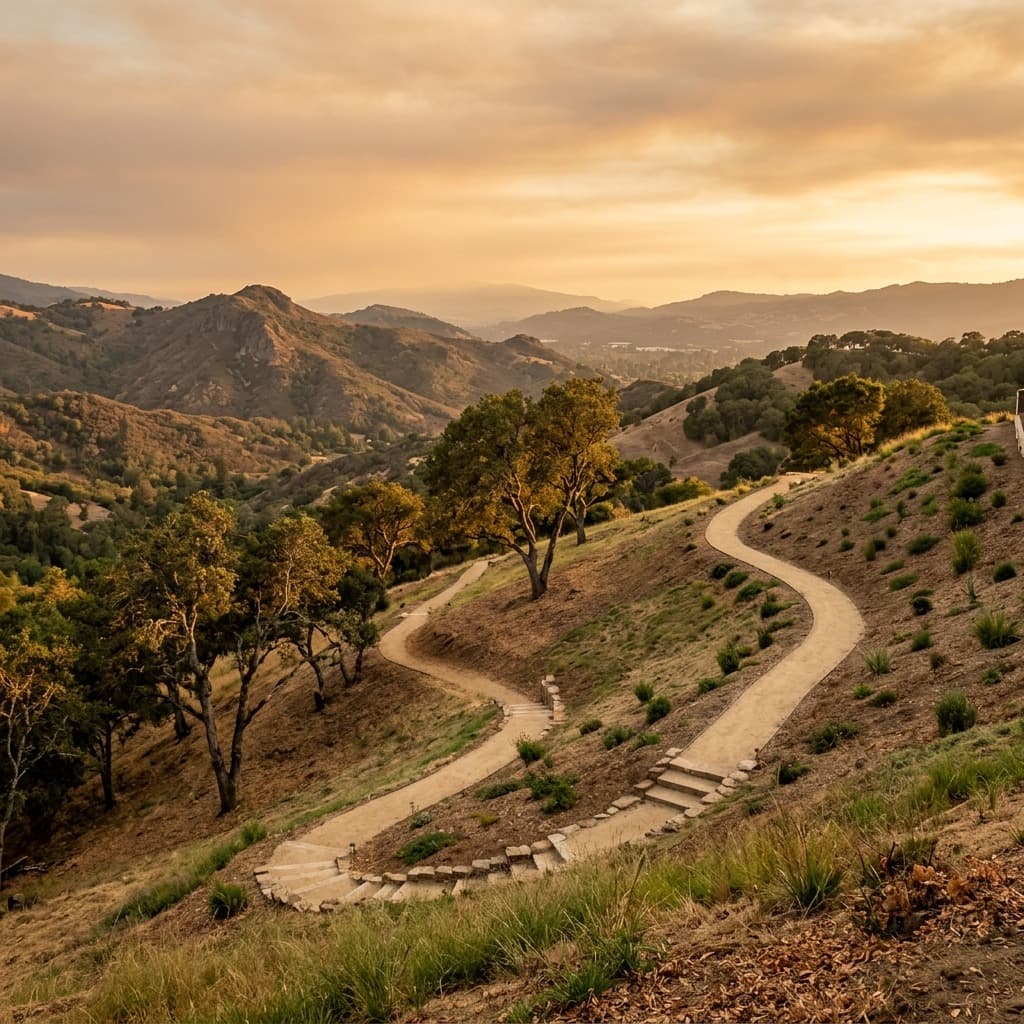 Winding gravel path with stone steps descending a grassy hillside at sunset.
