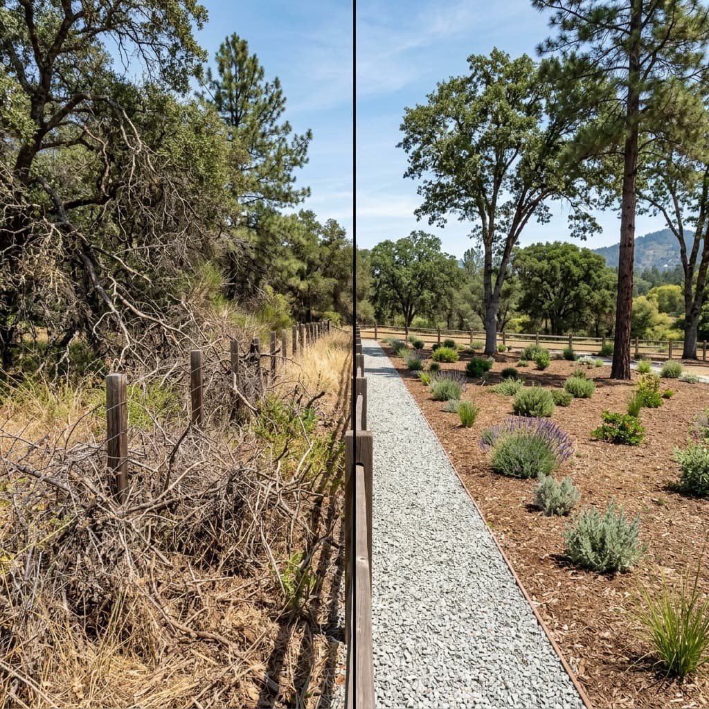 Split view of overgrown dry brush replaced by gravel path with drought tolerant plants.