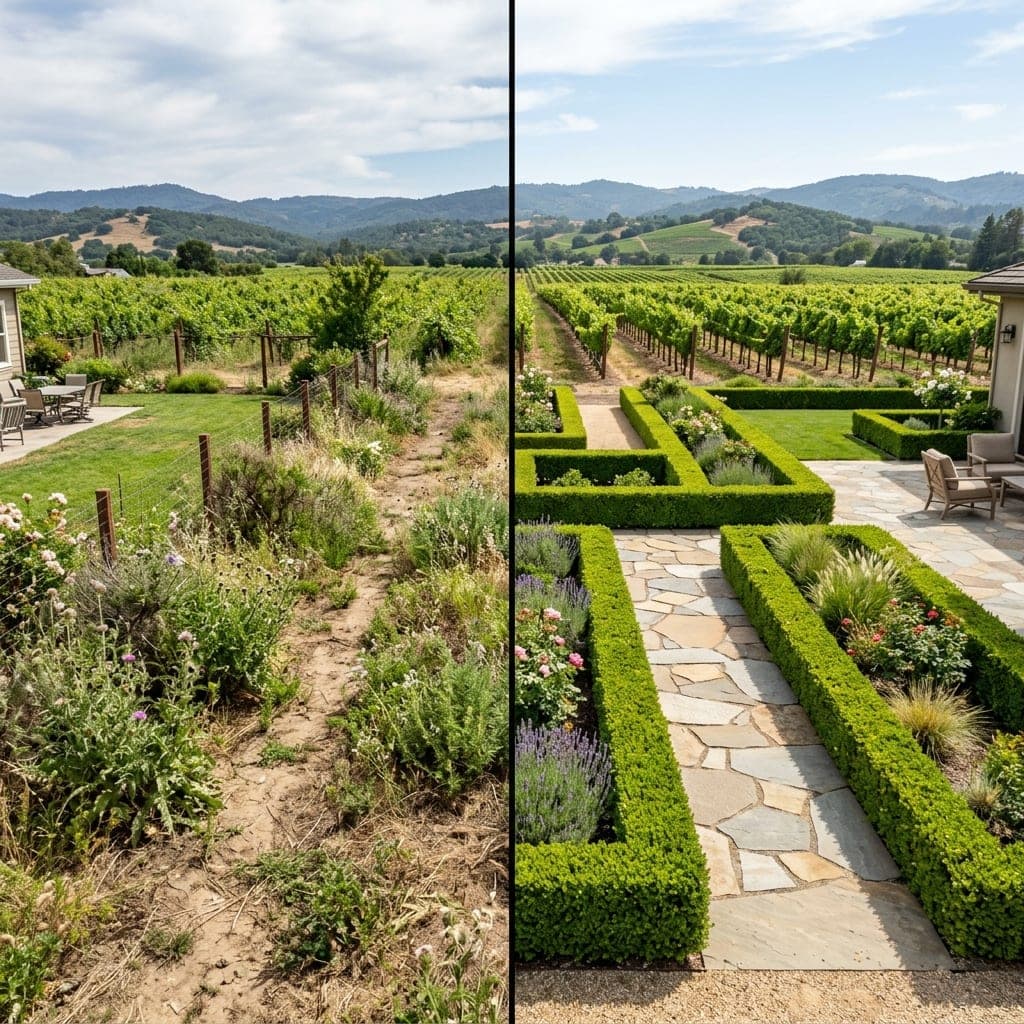 Split view of weedy yard transformed into formal boxwood beds with flagstone paths.