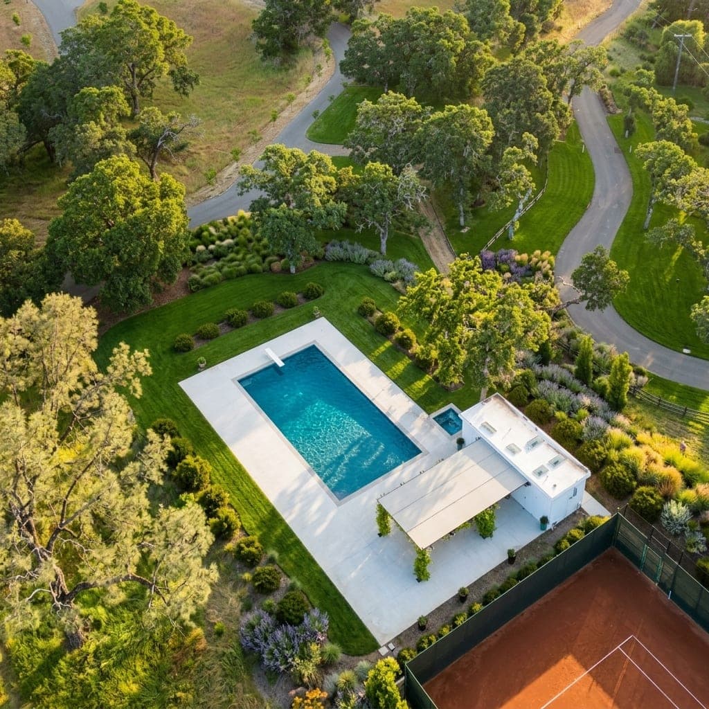 Aerial view of rectangular pool, concrete deck, pool house, tennis court, lawn and trees.