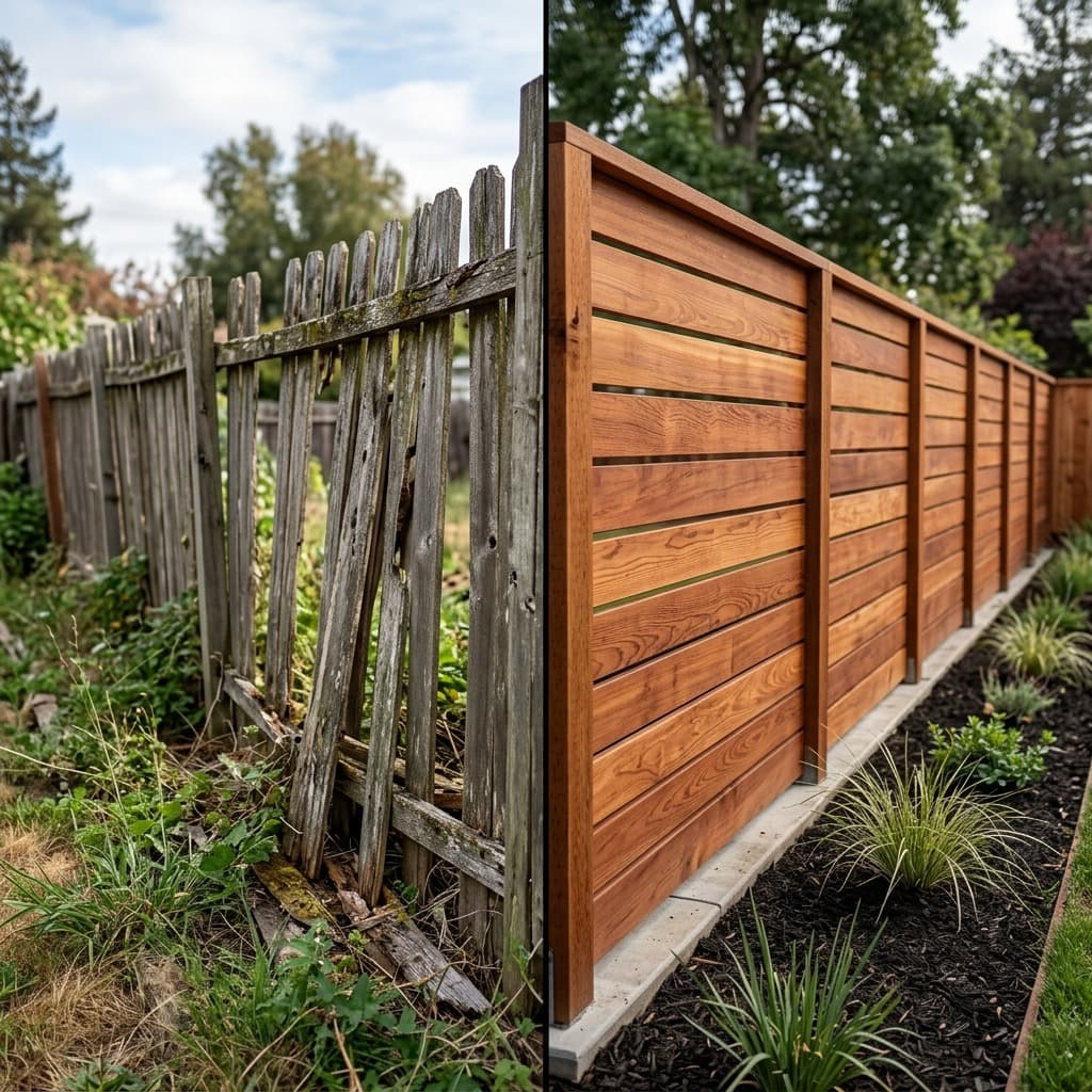 Split view of broken picket fence replaced by new horizontal wood privacy fence.