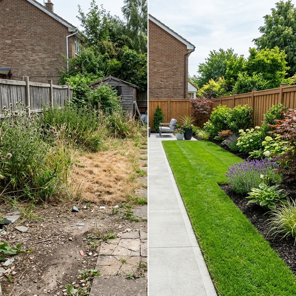 Split comparison of overgrown weedy yard and new striped lawn with walkway and planted beds.
