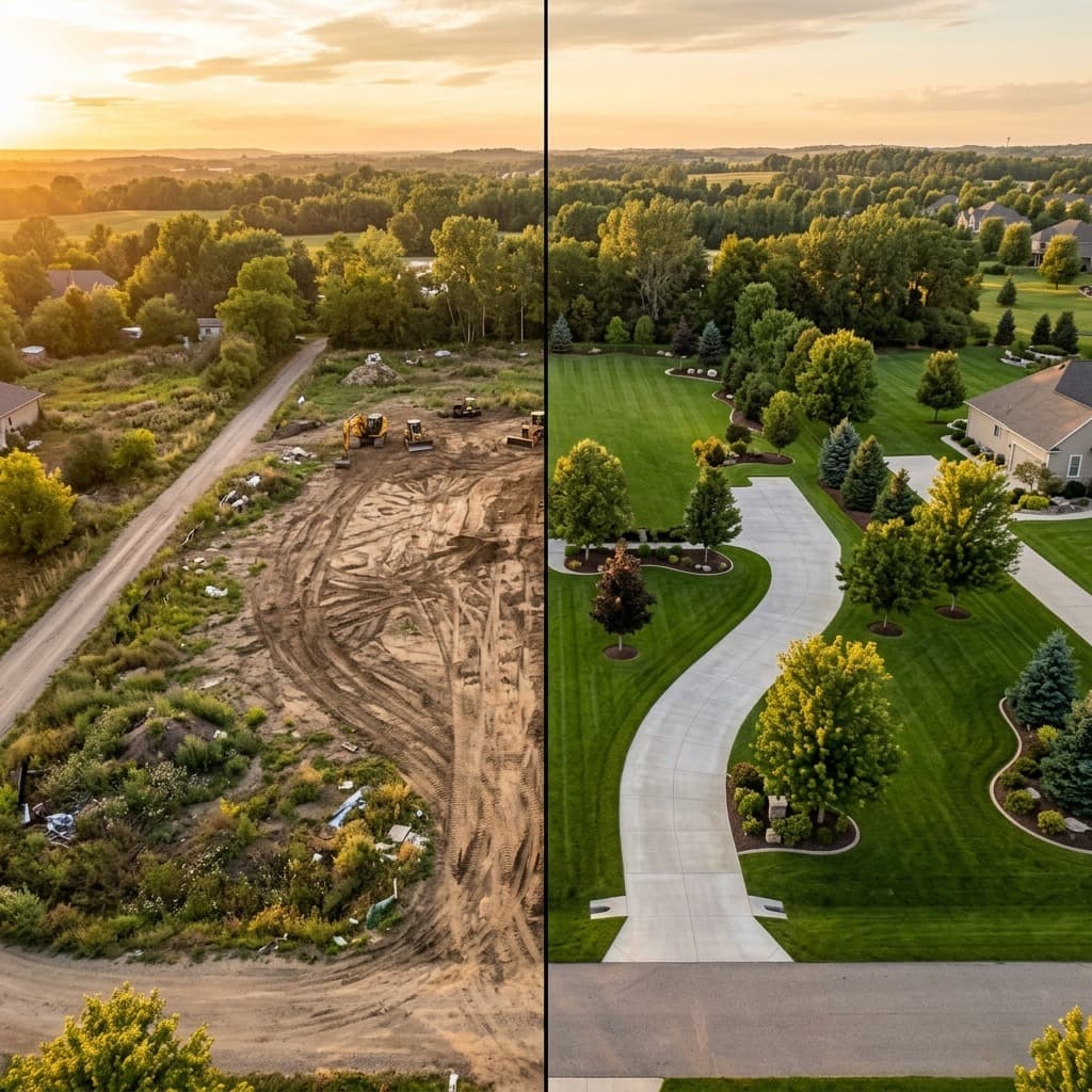 Representative North Bay landscape concept: aerial split comparison of graded dirt lot with excavators and finished lawn with curved driveway.