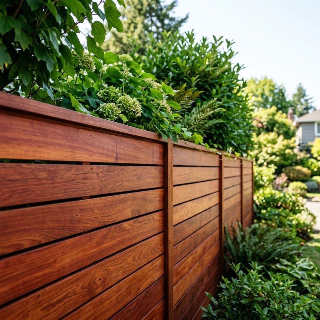 Representative North Bay landscape concept: horizontal wood slat privacy fence with dense green shrubs spilling over the top.