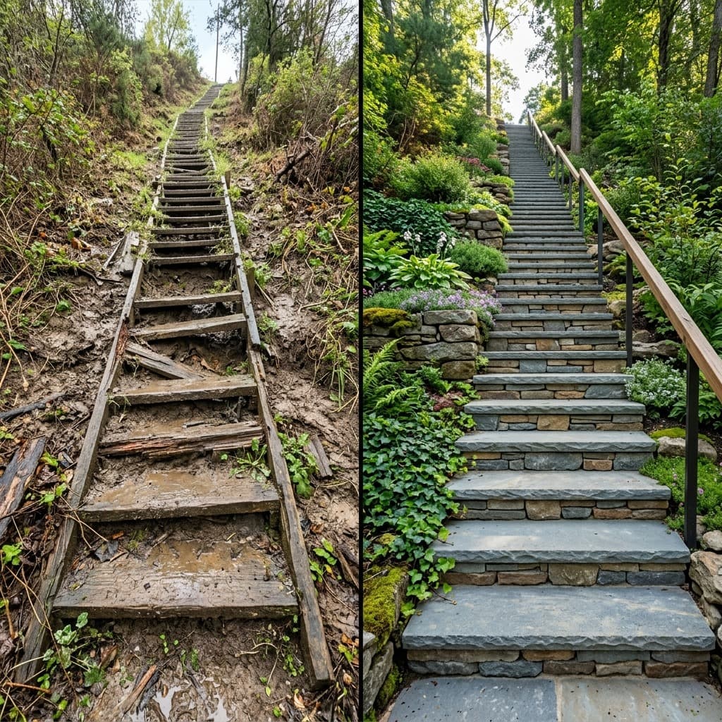 Split comparison of rotted muddy wooden hillside stairs and new stone steps with handrail and plantings.