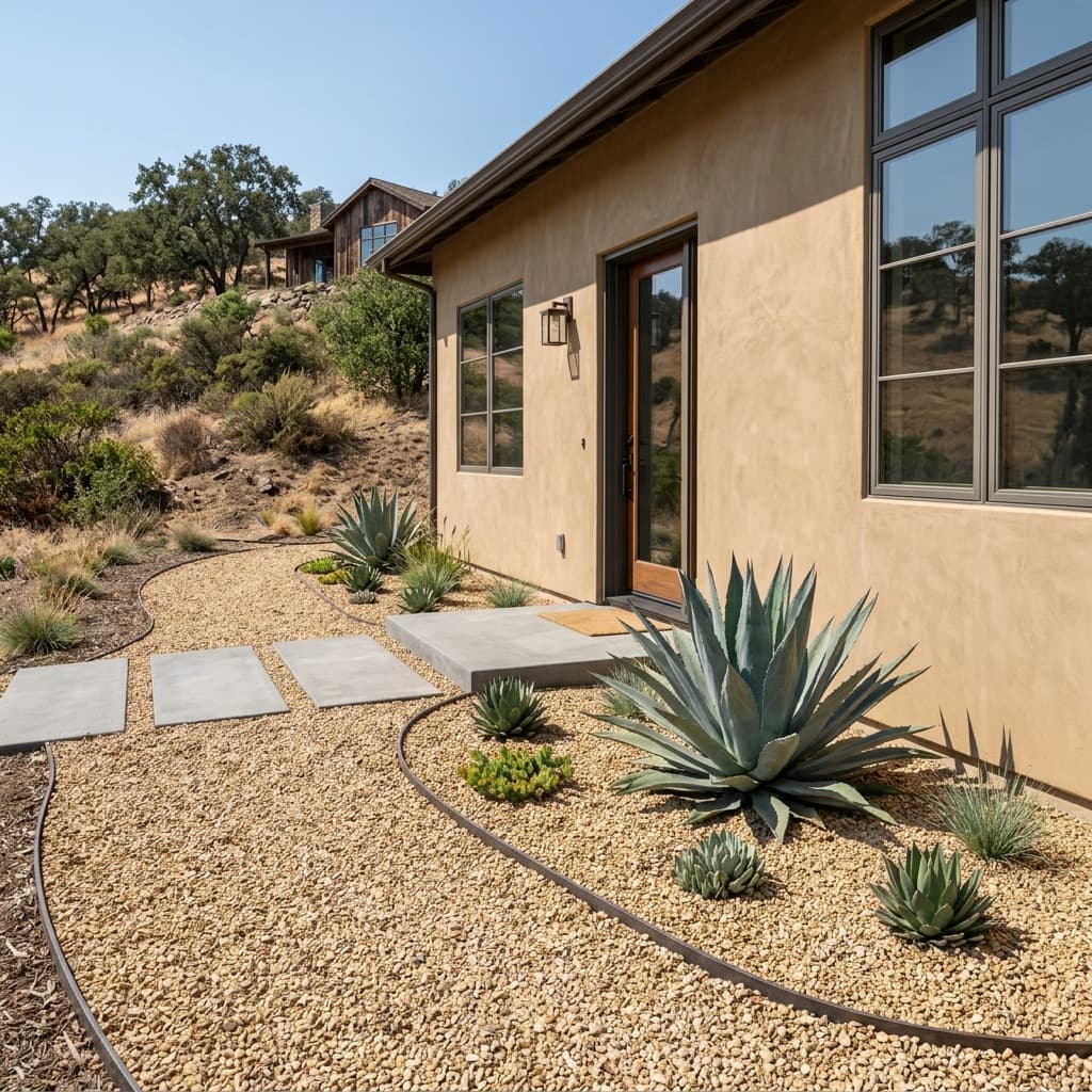 Agaves and succulents in gravel beds with concrete paver steps at a home entry.