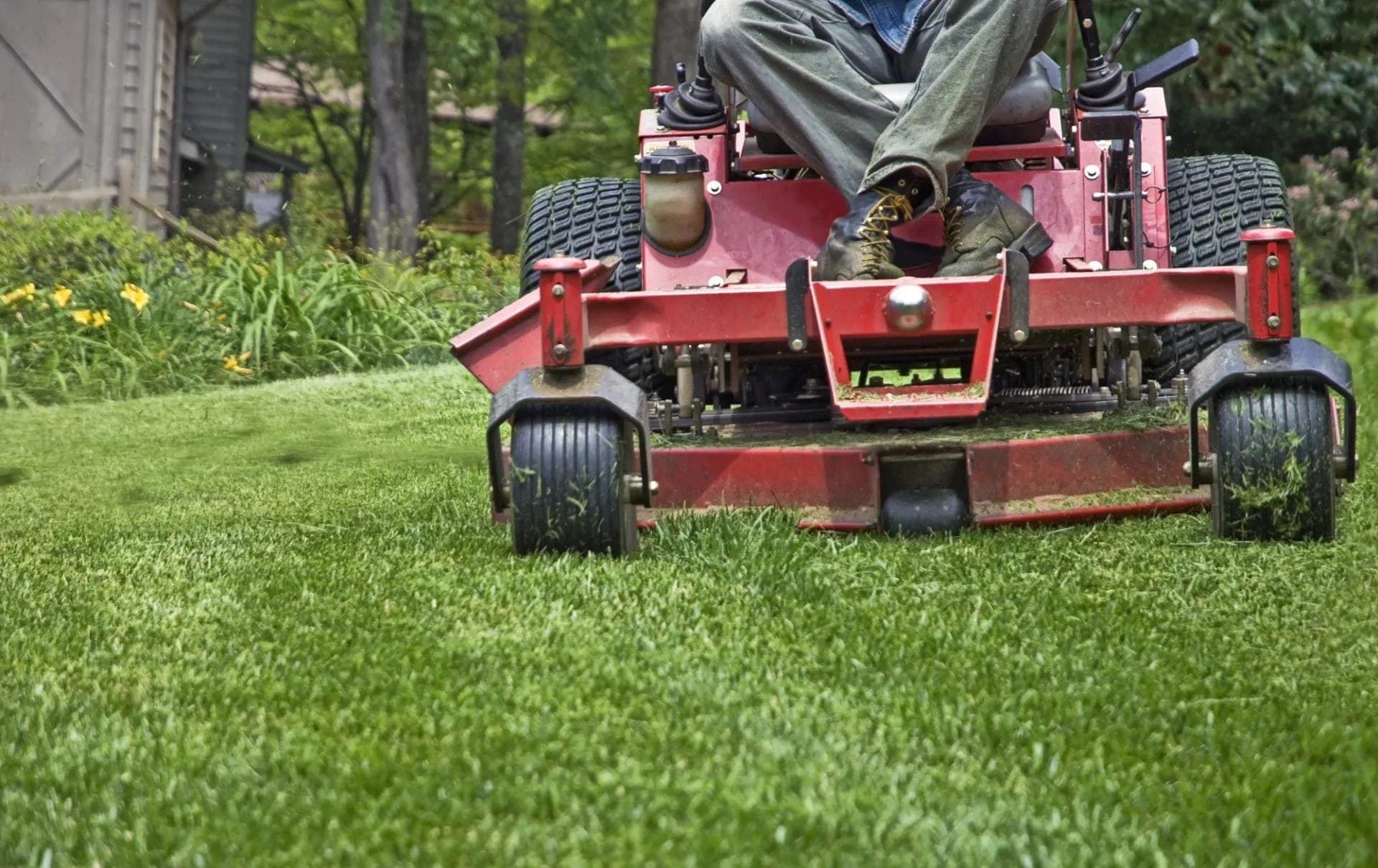 Person on a red riding mower cutting a green lawn near trees.