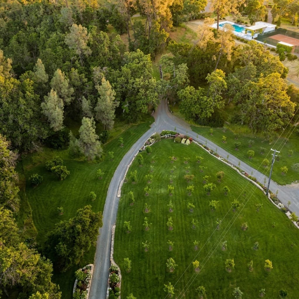 Aerial view of large lawn with young trees, curved gravel driveway, and planted edging.