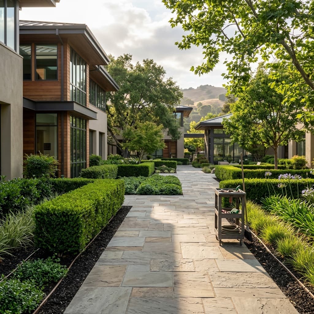Stone paver walkway between modern buildings with trimmed hedges and mulched beds.