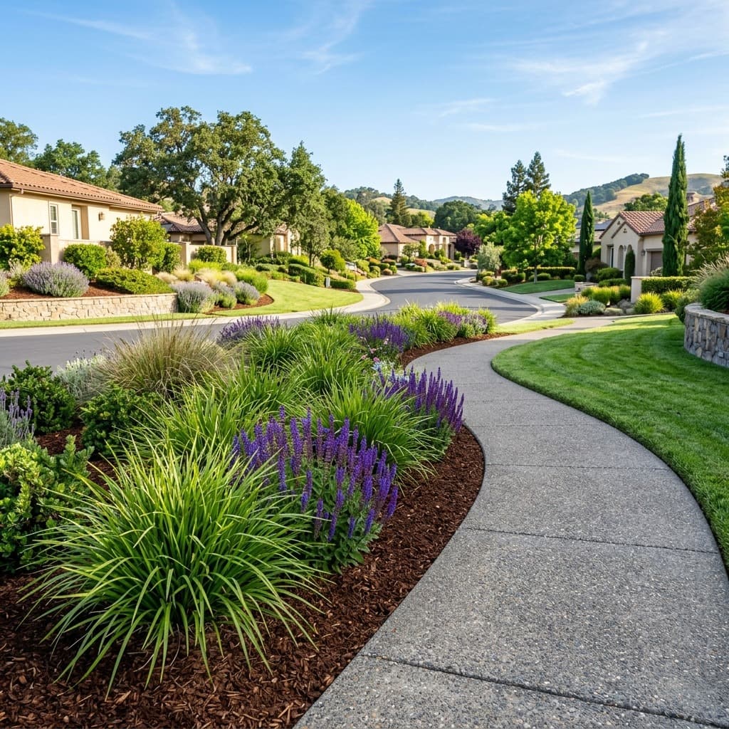 Curved concrete walkway beside mulched beds of purple flowers, ornamental grasses, and lawn.