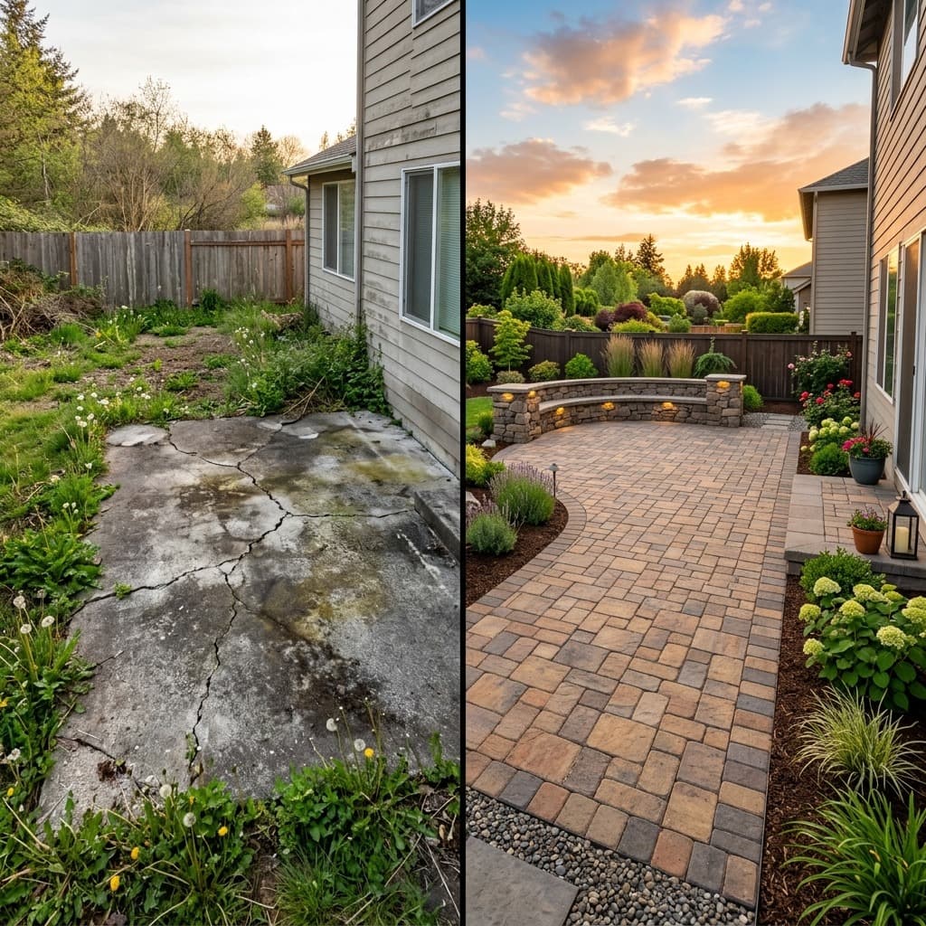 Representative North Bay landscape concept: split view of cracked weedy concrete slab and new paver patio with lighted seat wall.