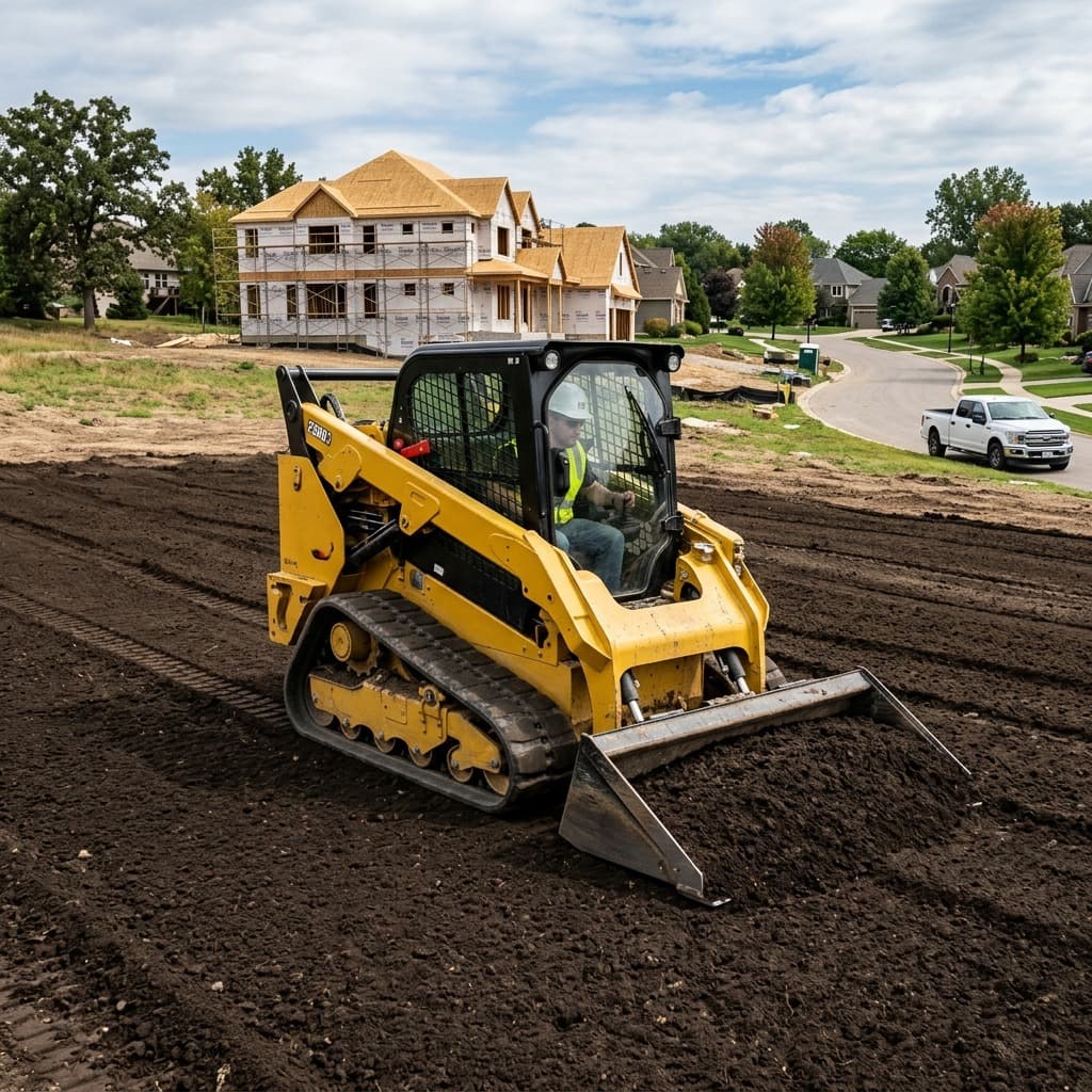 Operator on tracked skid steer grading bare dark soil beside houses under construction.
