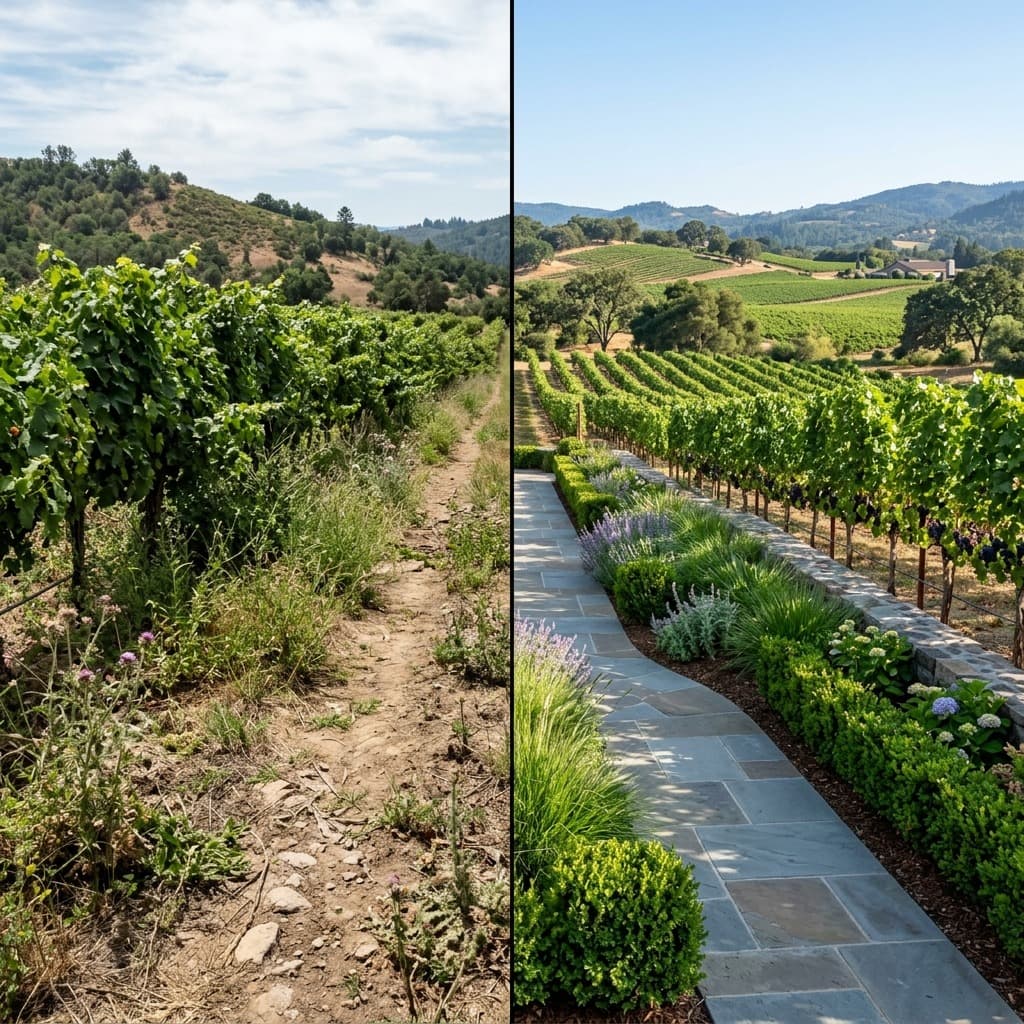 Representative North Bay landscape concept: split view of weedy vineyard edge and new flagstone walkway with plantings and stone wall.