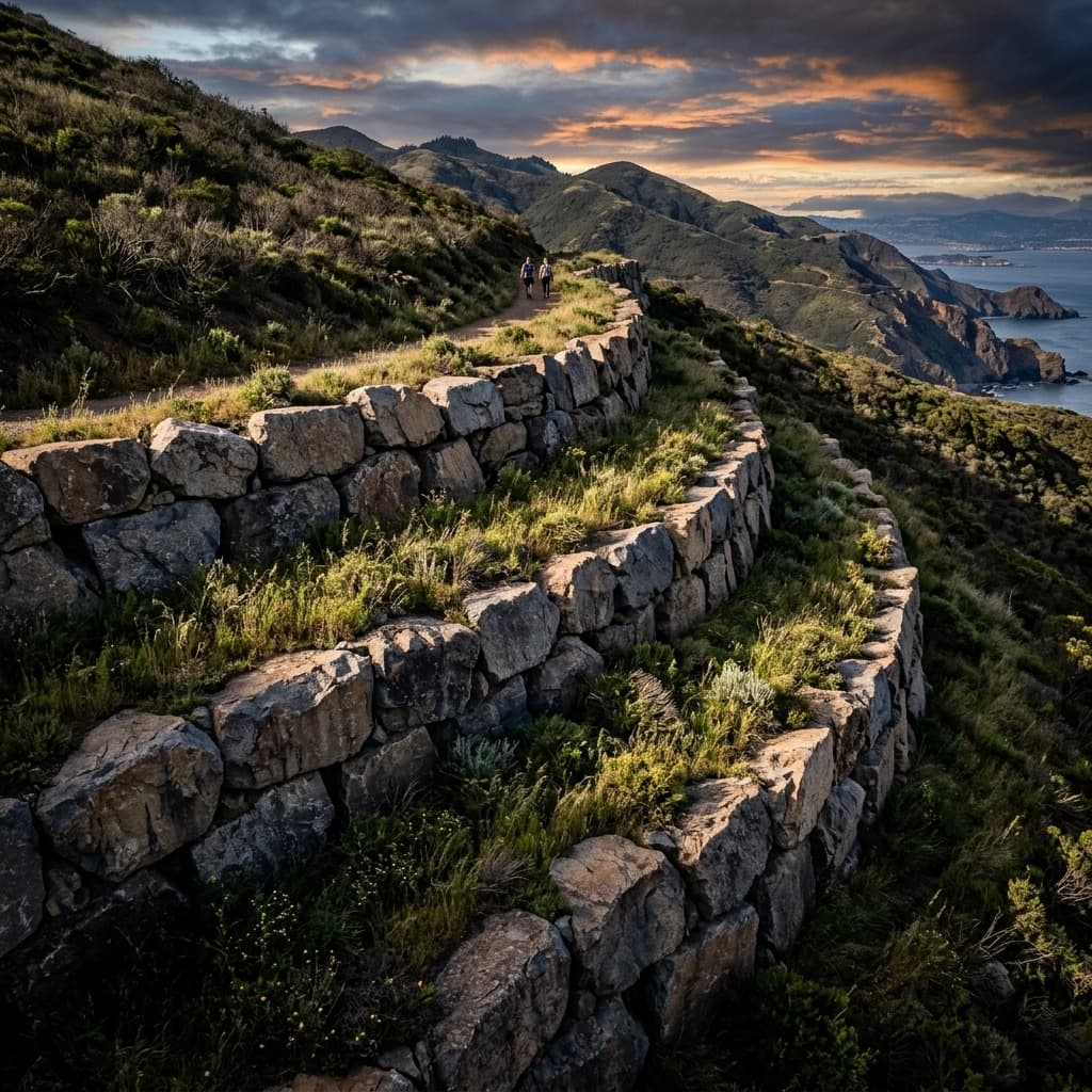 Terraced dry-stacked stone retaining walls on a grassy hillside with a walking path.