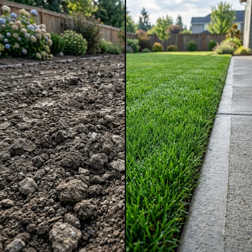 Representative North Bay landscape concept: split view of bare tilled soil beside a finished green lawn along a concrete walkway.