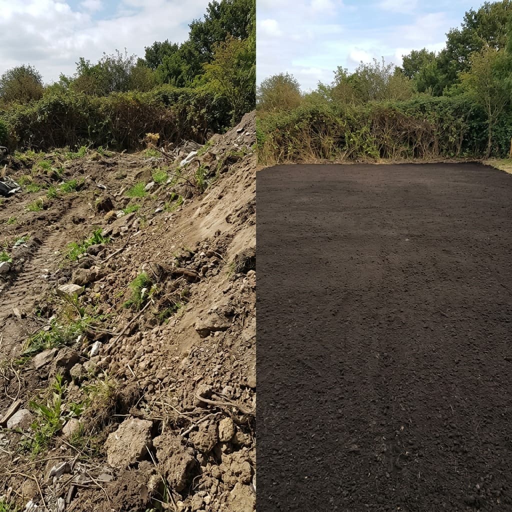 Split view of rough excavated ground beside freshly cleared and graded dark topsoil.
