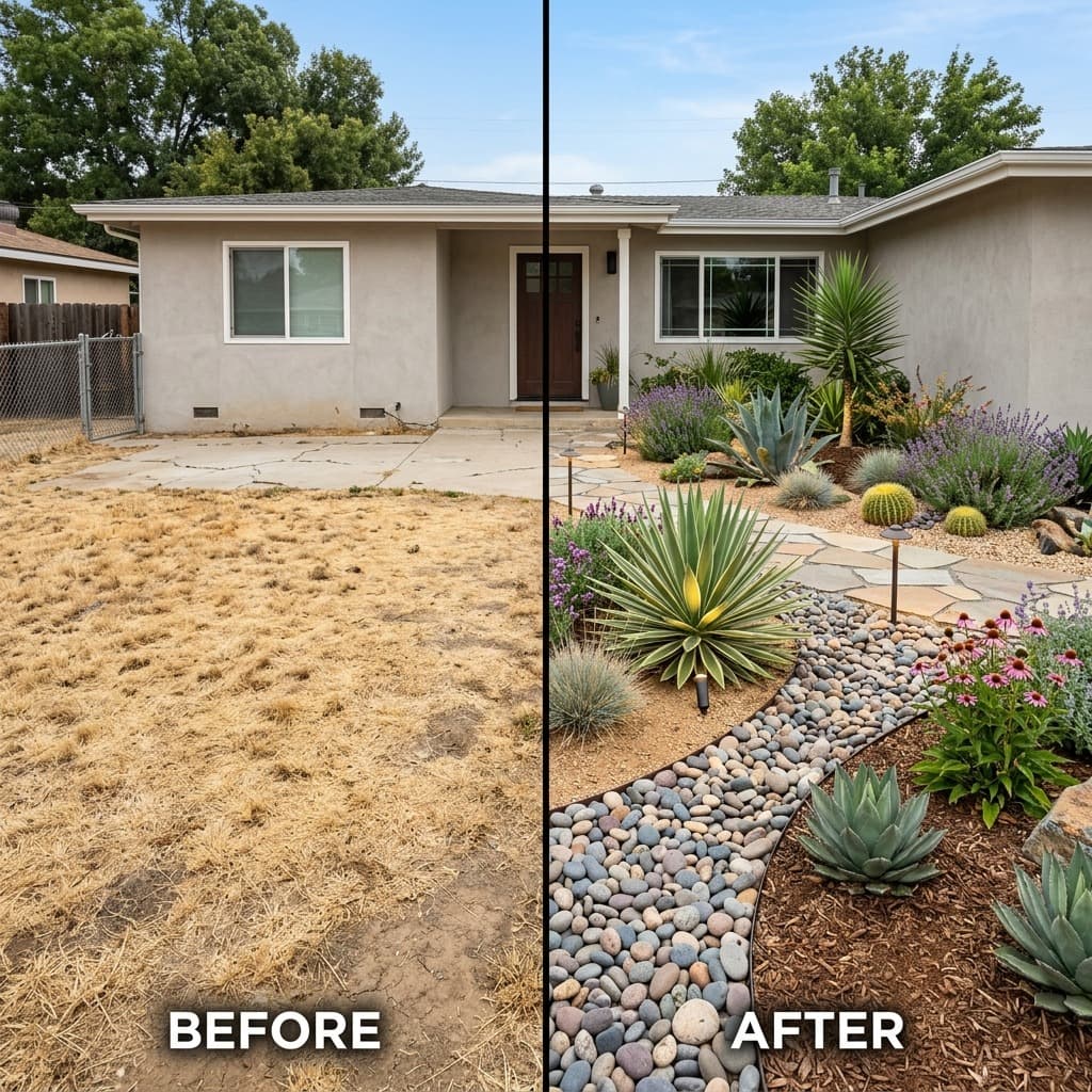 Before and after front yard turned from dead lawn into rock and succulent garden.