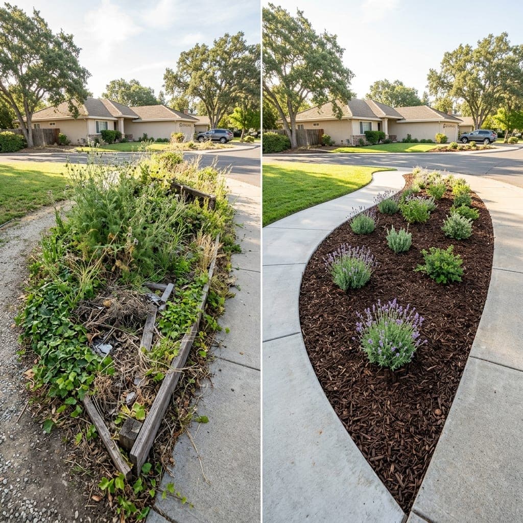 Split view of overgrown weedy bed and the same bed cleared, mulched, and replanted.