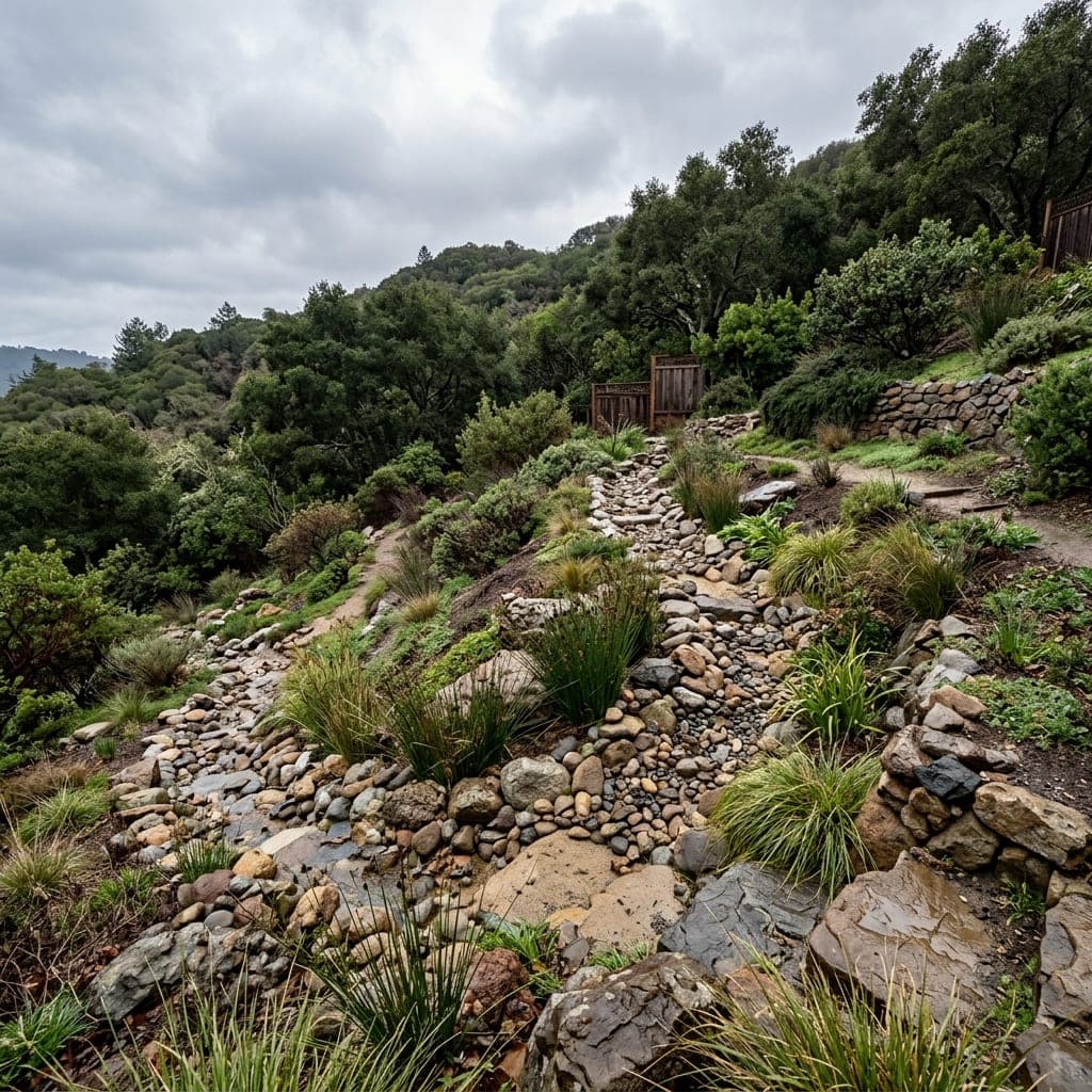 Rock lined drainage swale running down a planted hillside with low stone walls.