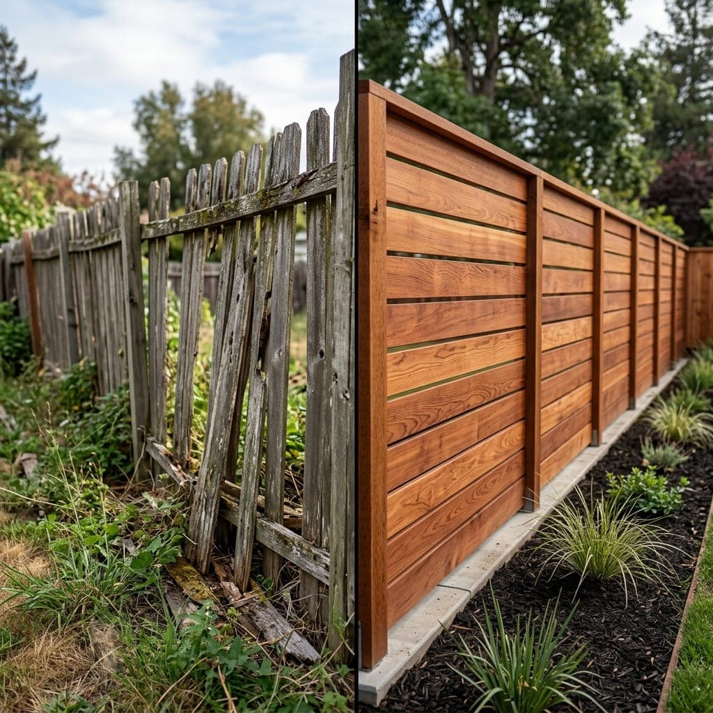 Representative North Bay landscape concept: Collapsed gray picket fence beside new horizontal wood slat privacy fence with mulched bed.