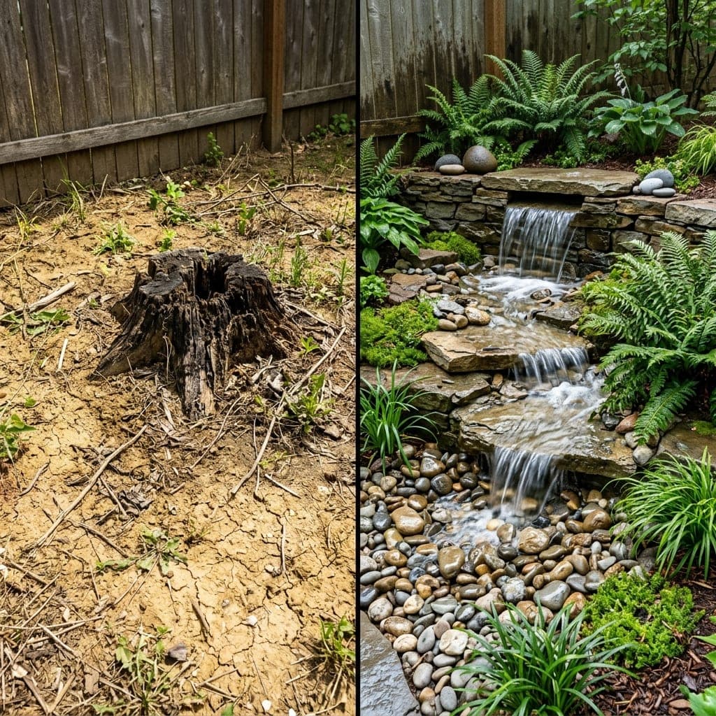Representative North Bay landscape concept: Bare dirt with rotted stump beside new tiered rock waterfall surrounded by ferns.