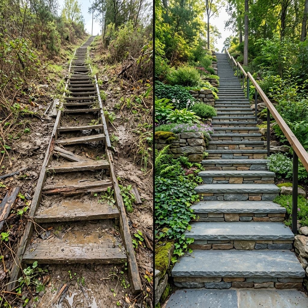 Representative North Bay landscape concept: Rotted muddy wood steps beside new stone hillside stairway with handrail and planted slope.