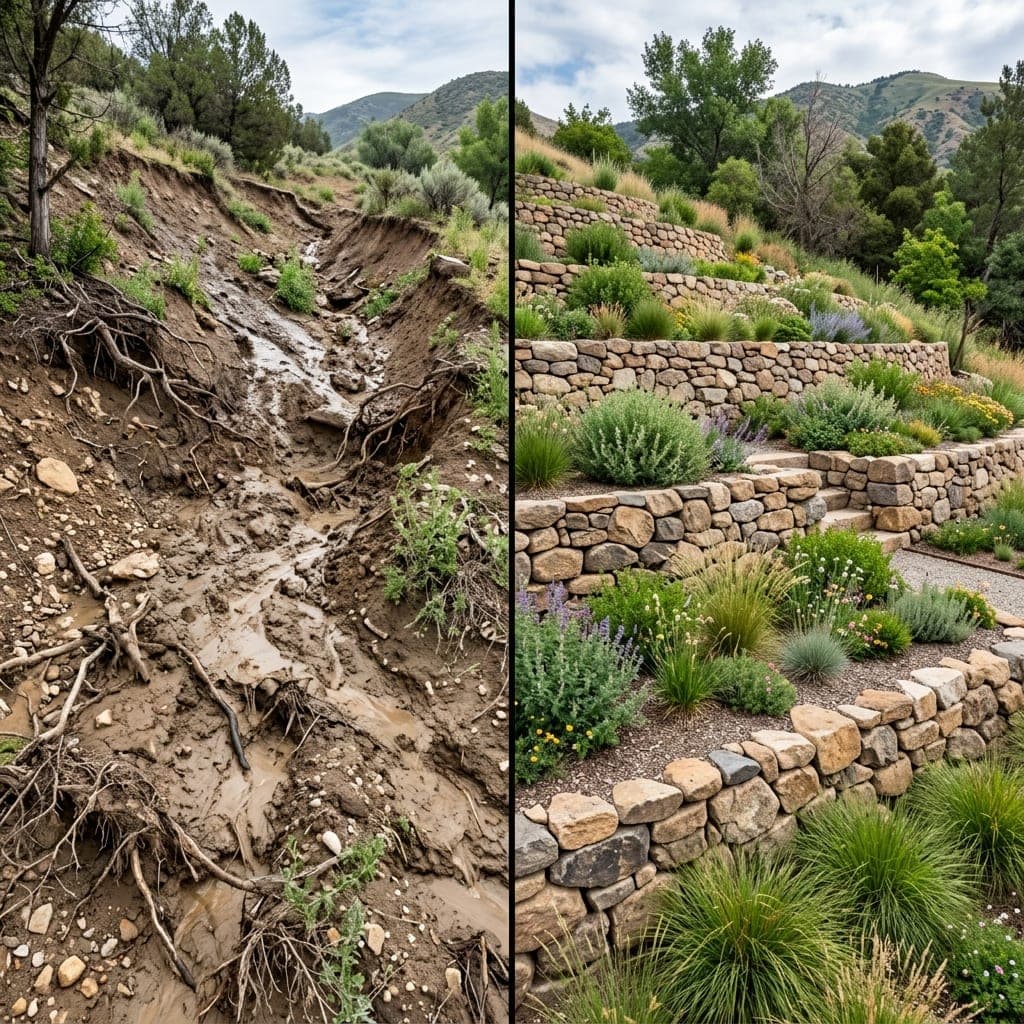 Representative North Bay landscape concept: Eroded muddy hillside beside terraced stone retaining walls planted with grasses and flowers.